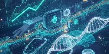 Futuristic MedTech devices connected, showing financial growth graph
