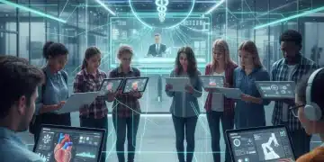 Students learning medical technology online, interacting with digital interfaces and virtual classrooms.