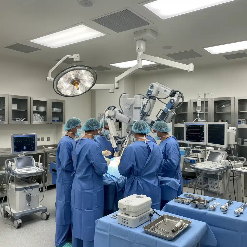 Surgical team utilizing advanced medical equipment in an operating room.