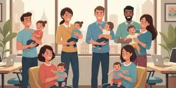 Parents with babies in a modern office, symbolizing parental leave benefits.