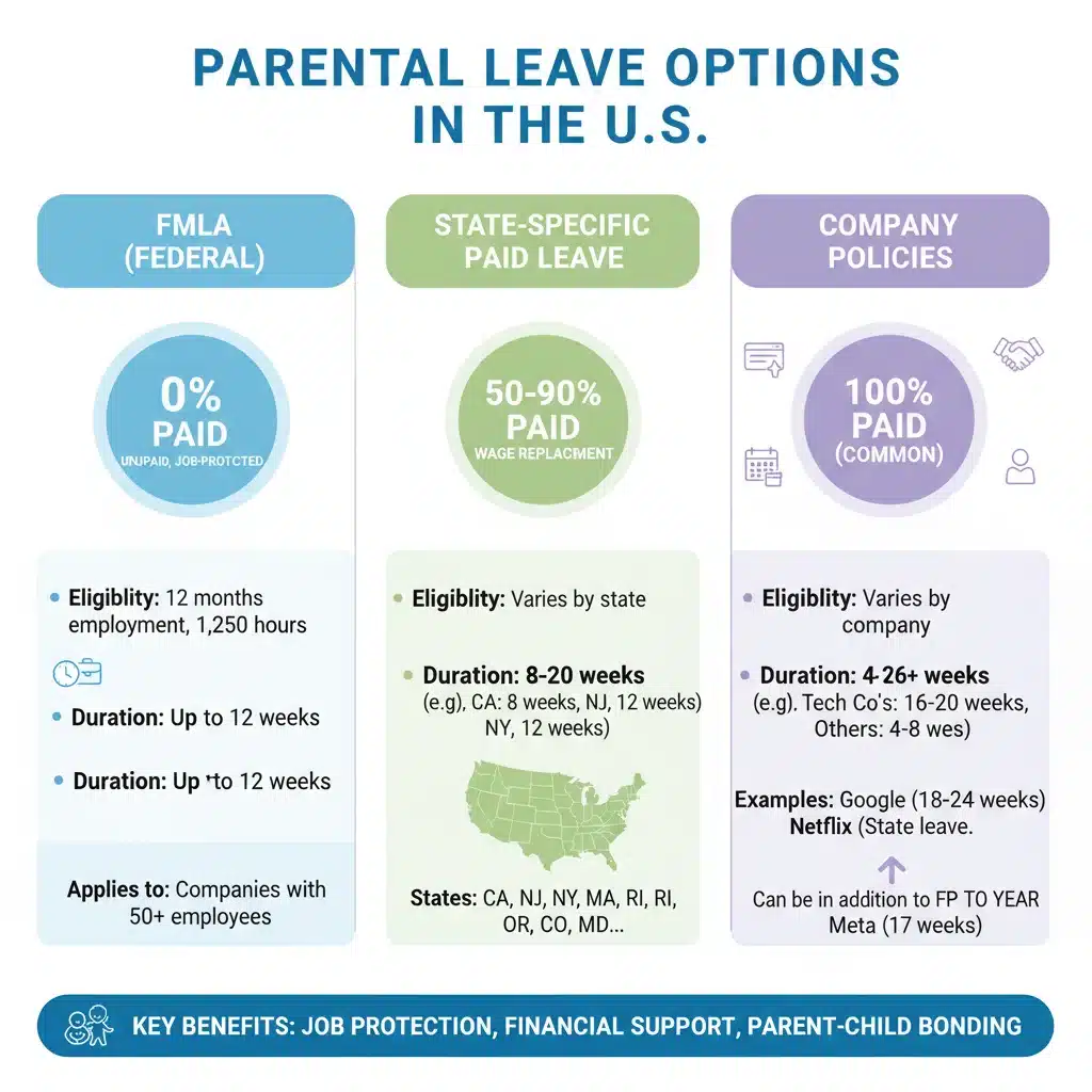 Infographic showing various parental leave types and durations.