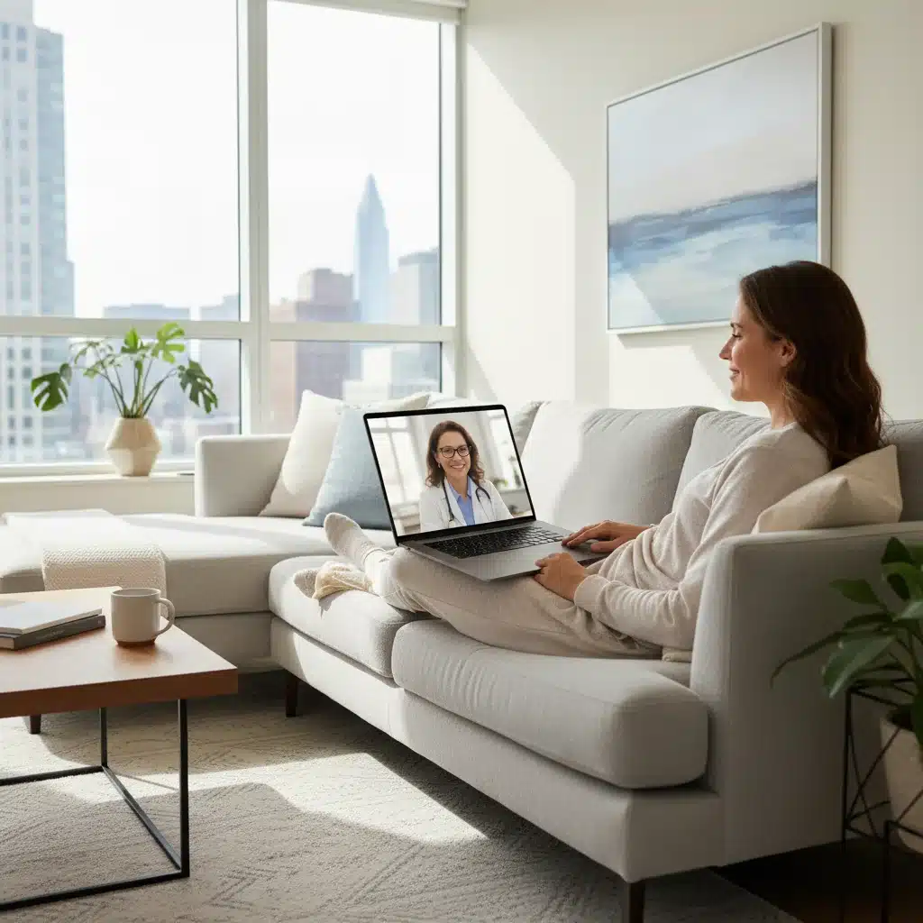 Patient receiving virtual medical consultation from home, highlighting accessibility of telehealth.