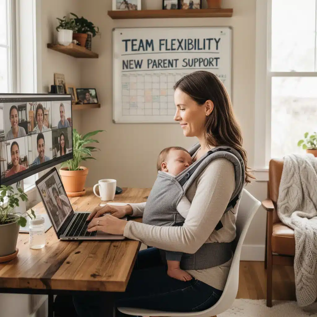 Parent working remotely with a baby, showcasing work-life balance.