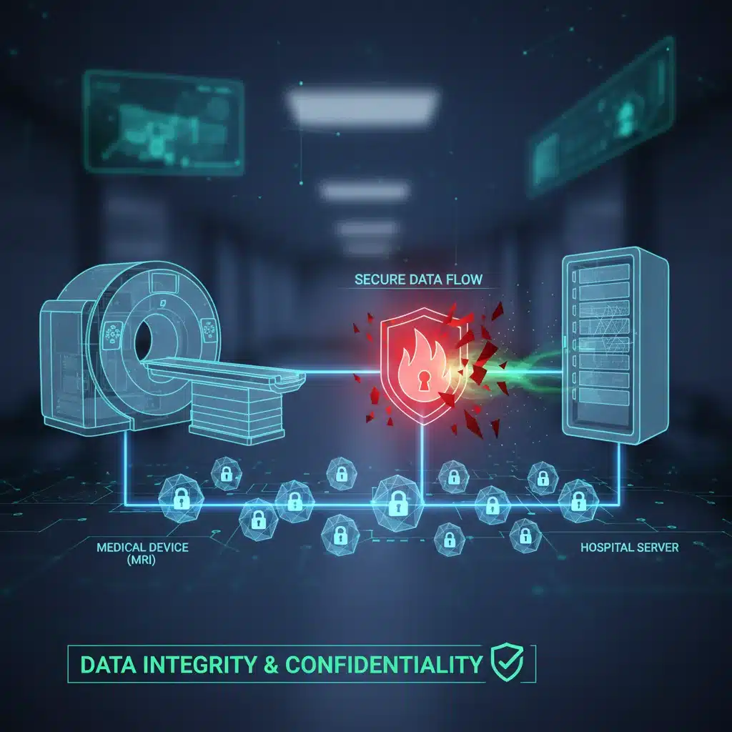 Secure data flow in a medical device network with encryption and firewall protection.