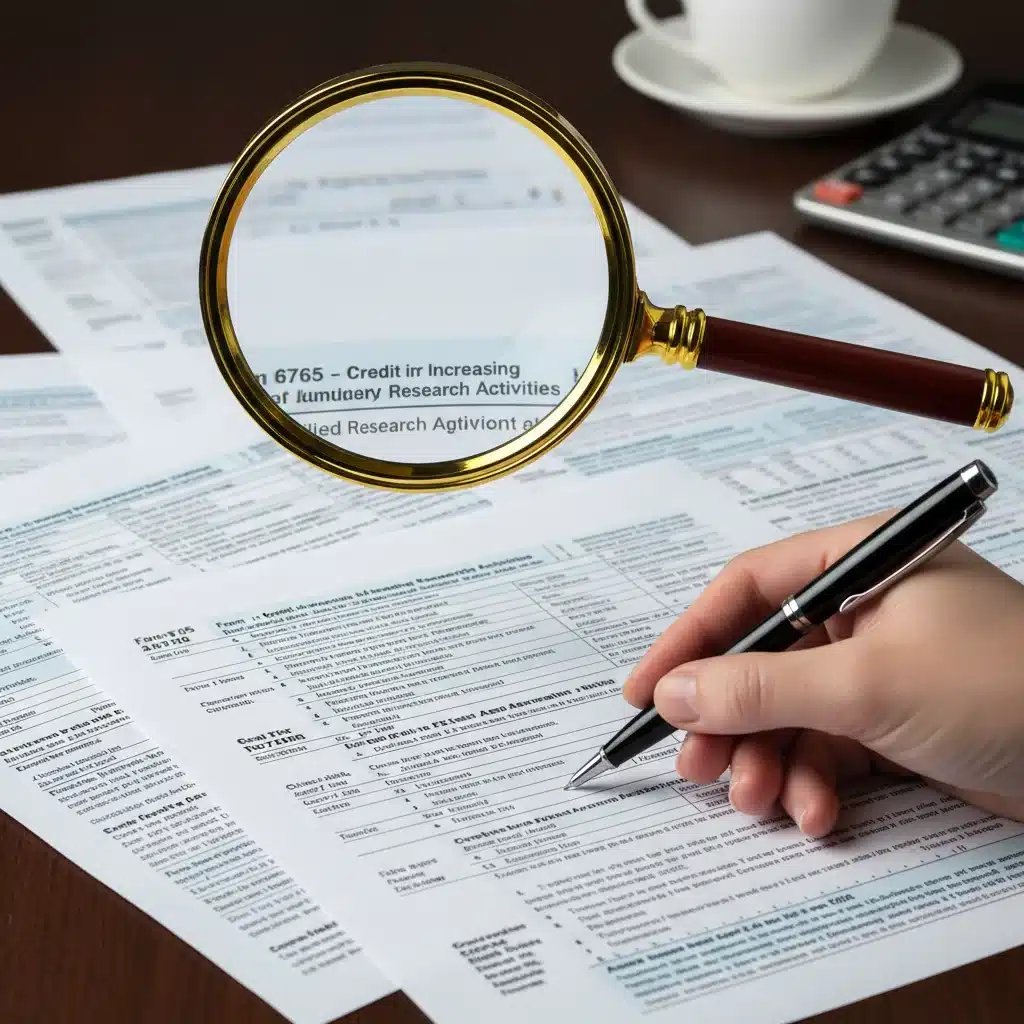 Magnifying glass over tax forms, symbolizing detailed financial review for R&D tax credit applications.