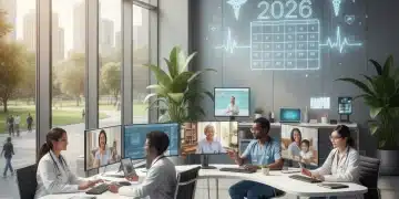 Healthcare professionals conducting virtual consultations with patients on screens, symbolizing new telehealth policies for 2026.