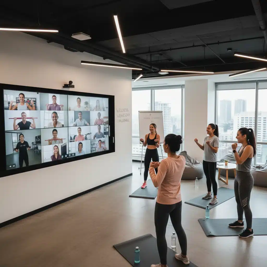 Colleagues participating in a virtual corporate fitness class for team building.