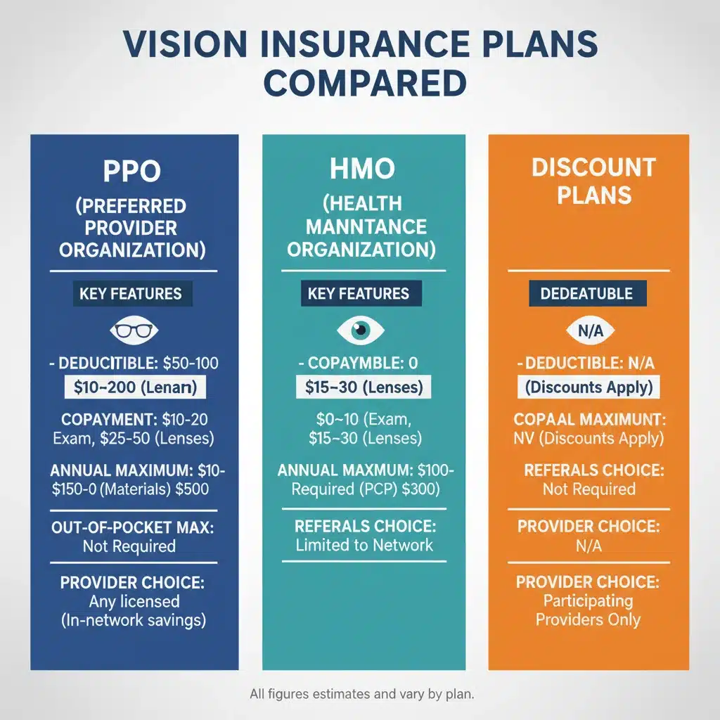 Infographic comparing various vision insurance plans and their financial implications.