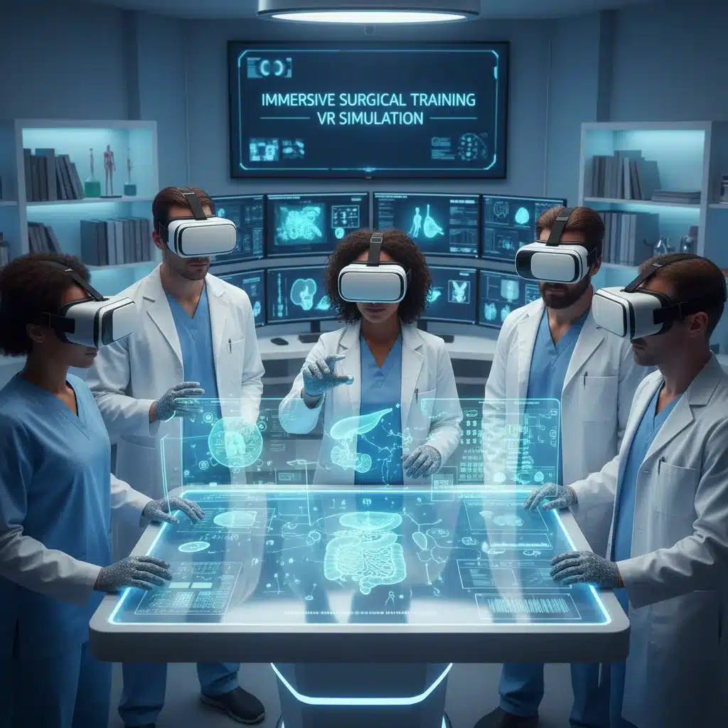 Healthcare professionals undergoing VR surgical training simulation.