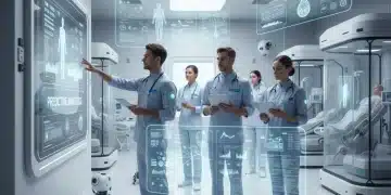 Doctors using predictive analytics dashboard in a modern hospital