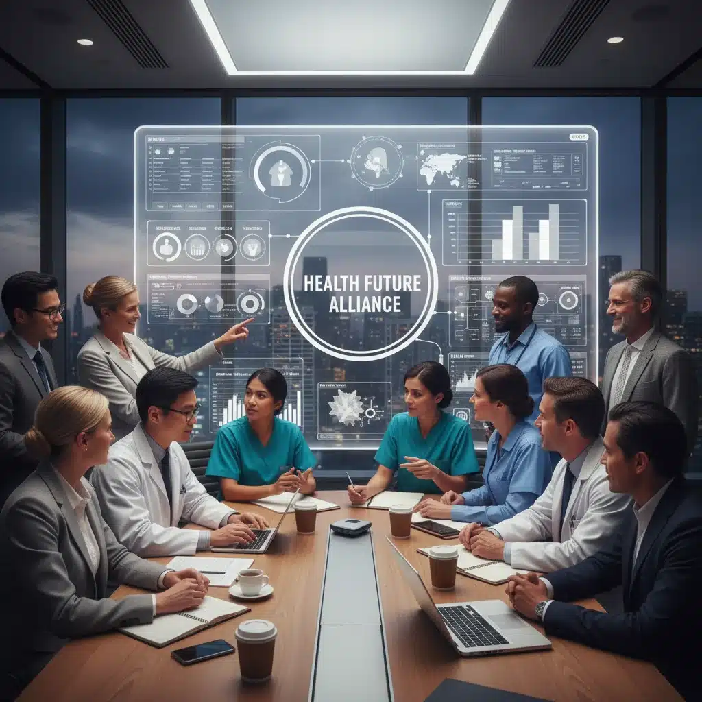 Healthcare team collaborating with predictive analytics data