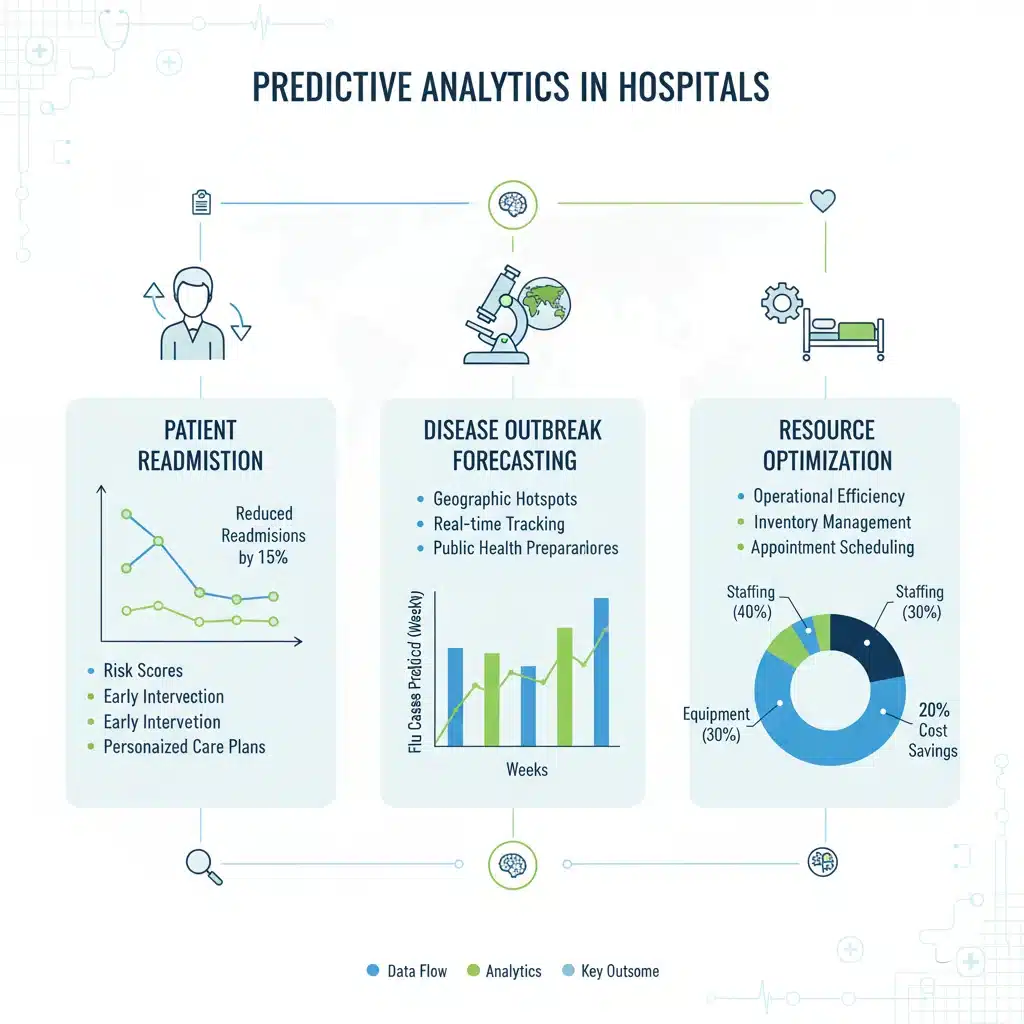Infographic detailing predictive analytics applications in healthcare