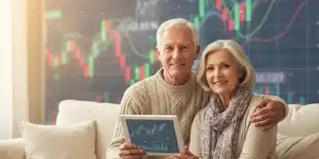 Senior couple confidently reviewing protected retirement portfolio during market volatility