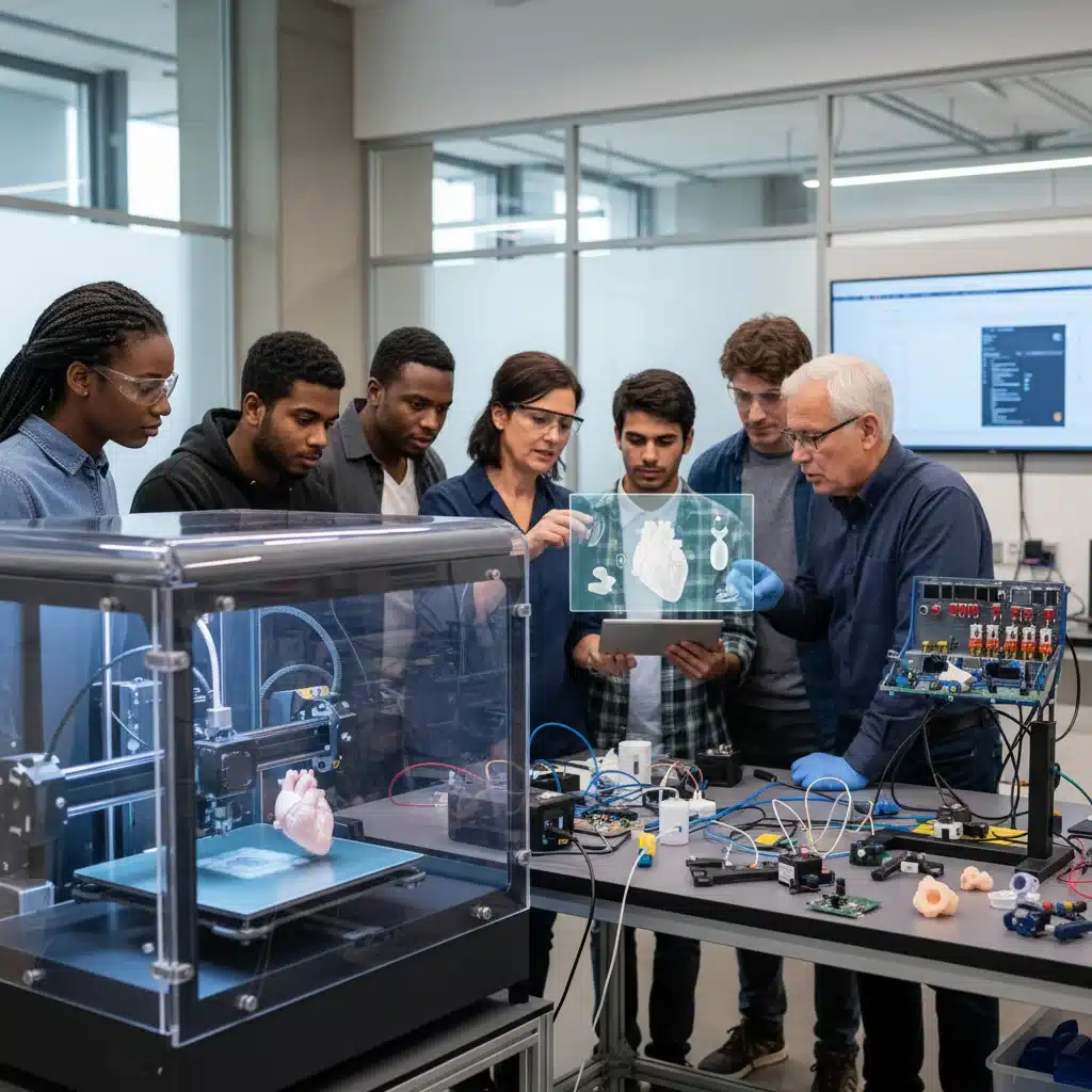 Students and instructors using a 3D printer for medical device prototyping in a training facility.