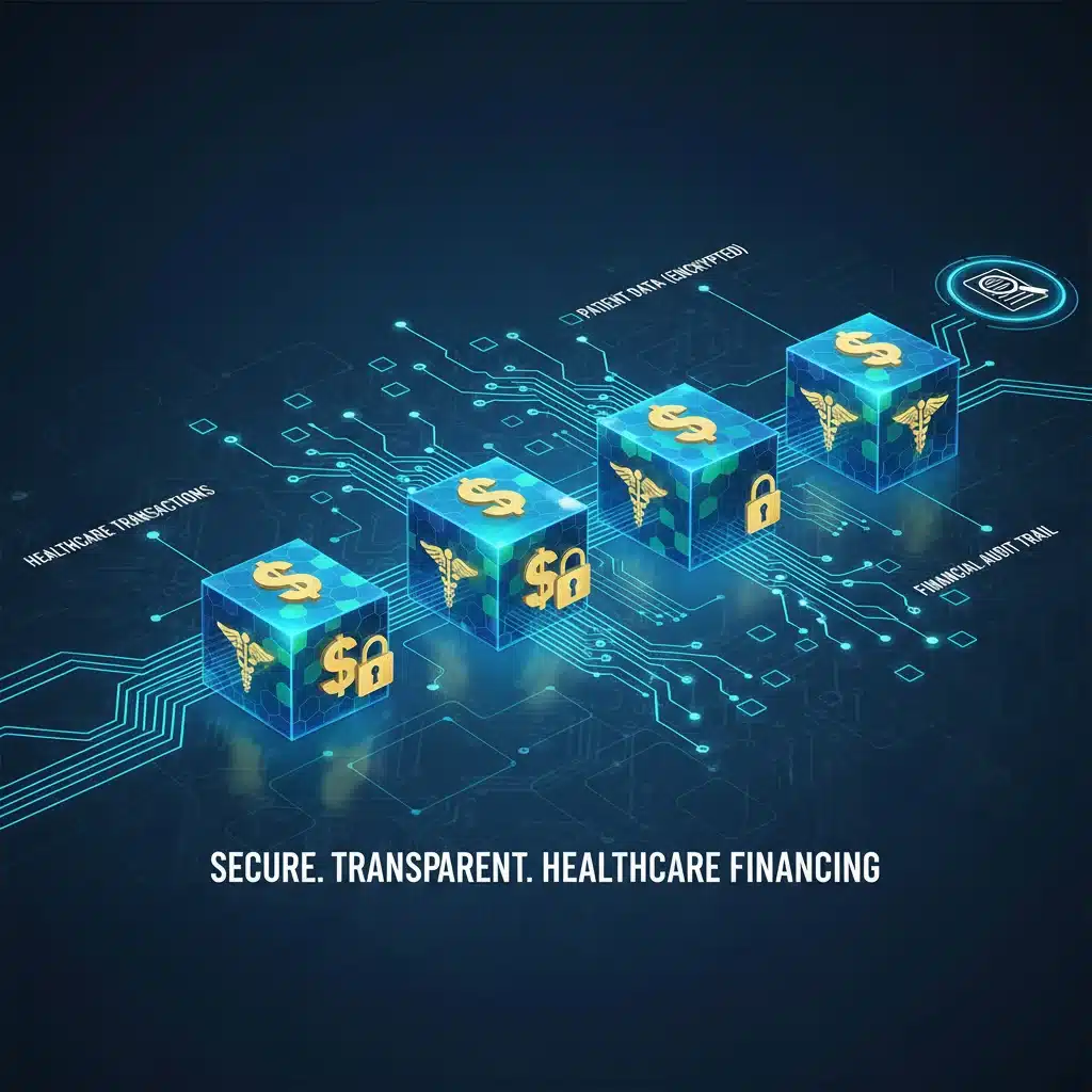 Blockchain ledger with dollar signs representing secure healthcare transactions