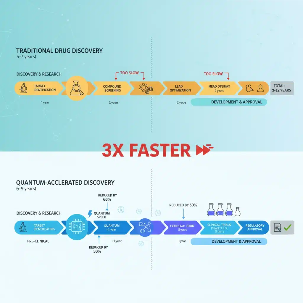 Infographic comparing traditional and quantum-accelerated drug discovery timelines