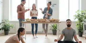 Employees engaging in diverse wellness activities in a modern office