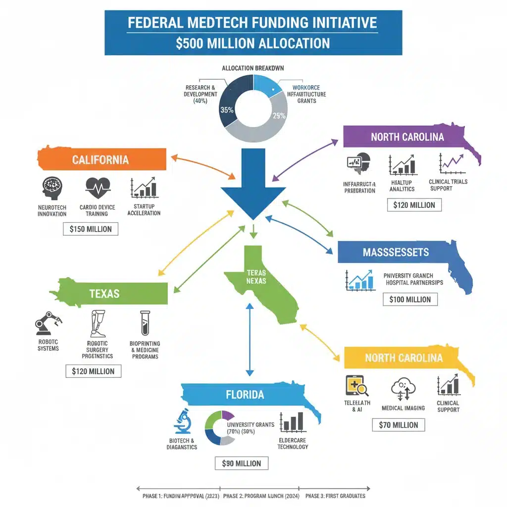 Infographic showing federal funding distribution for MedTech training across various states and programs.