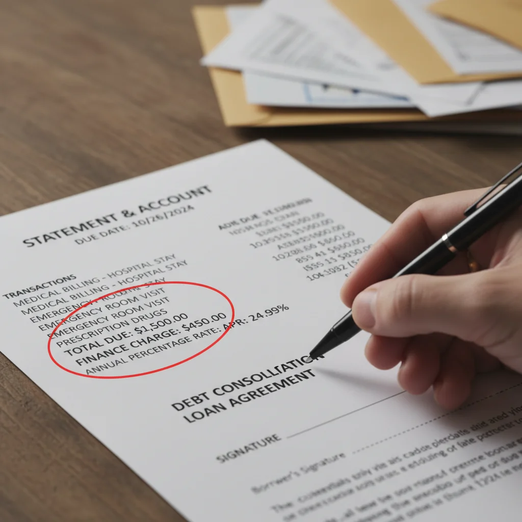 Credit card statement with high medical charges and a hand preparing to sign a loan document.