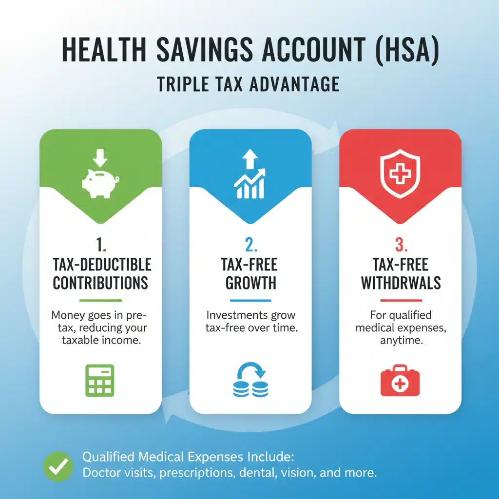 Infographic explaining triple tax advantage of HSA