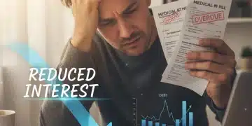 Stressed individual reviewing medical bills, symbolizing the burden of medical debt.