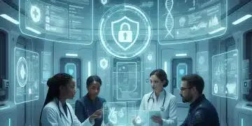 Futuristic MedTech cybersecurity education protecting patient data