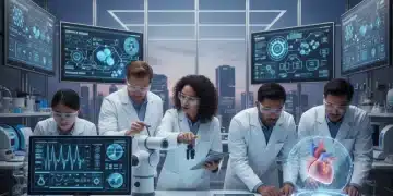 Professionals training with advanced medical technology equipment in a lab, symbolizing MedTech skills development.