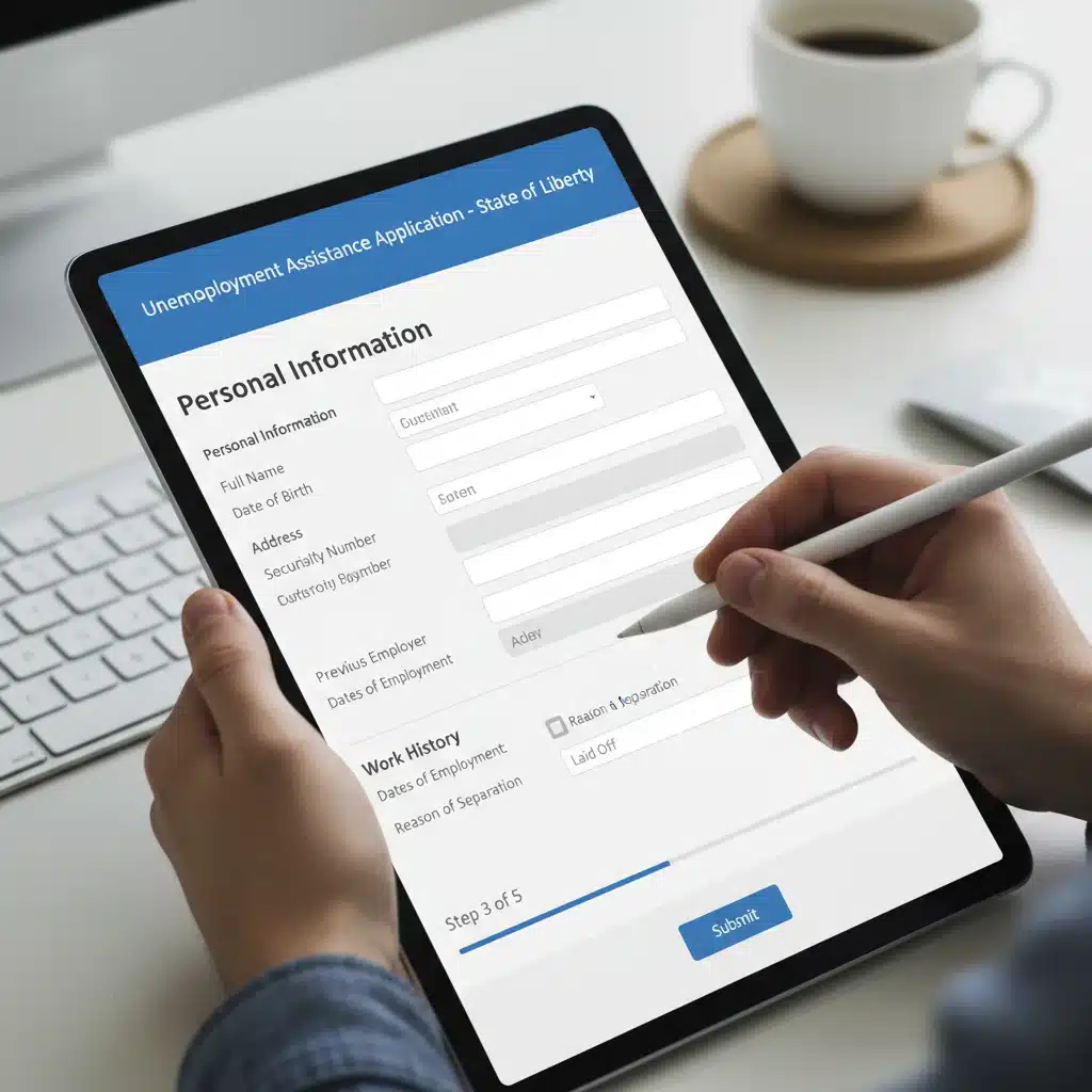 Hand completing online unemployment benefits application form