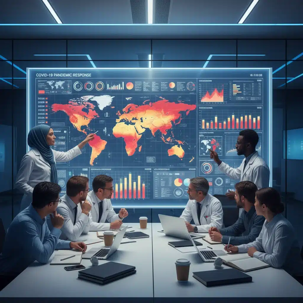 Public health team analyzing epidemiological data on a large screen