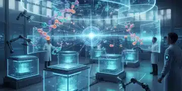 Quantum computing accelerating drug discovery in a futuristic lab