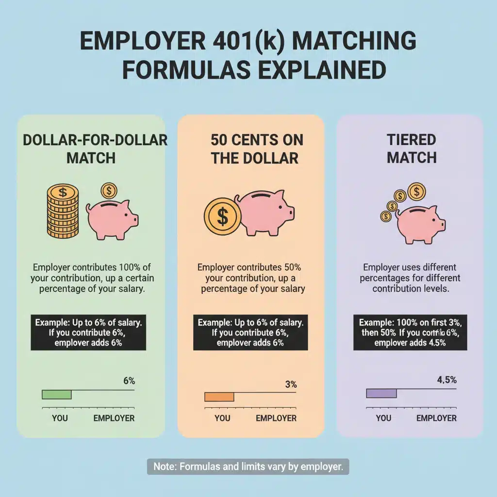Infographic showing various 401k employer matching formulas and contribution rates