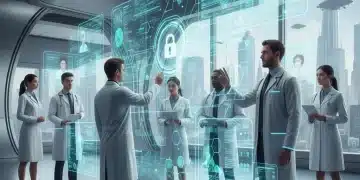 Healthcare professionals interacting with blockchain-powered medical data displays in a modern clinic.