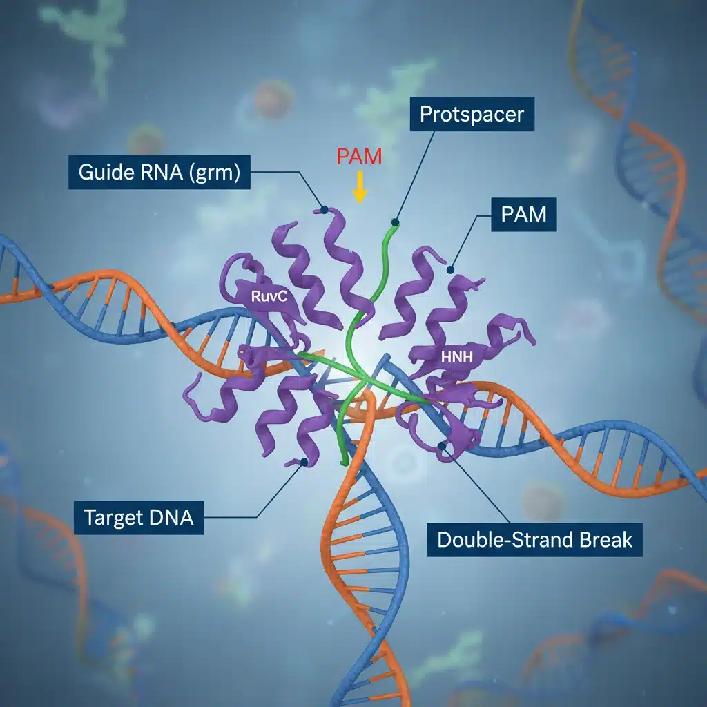 CRISPR-Cas9 system illustrating guide RNA and Cas9 enzyme targeting DNA for precise genetic modification.