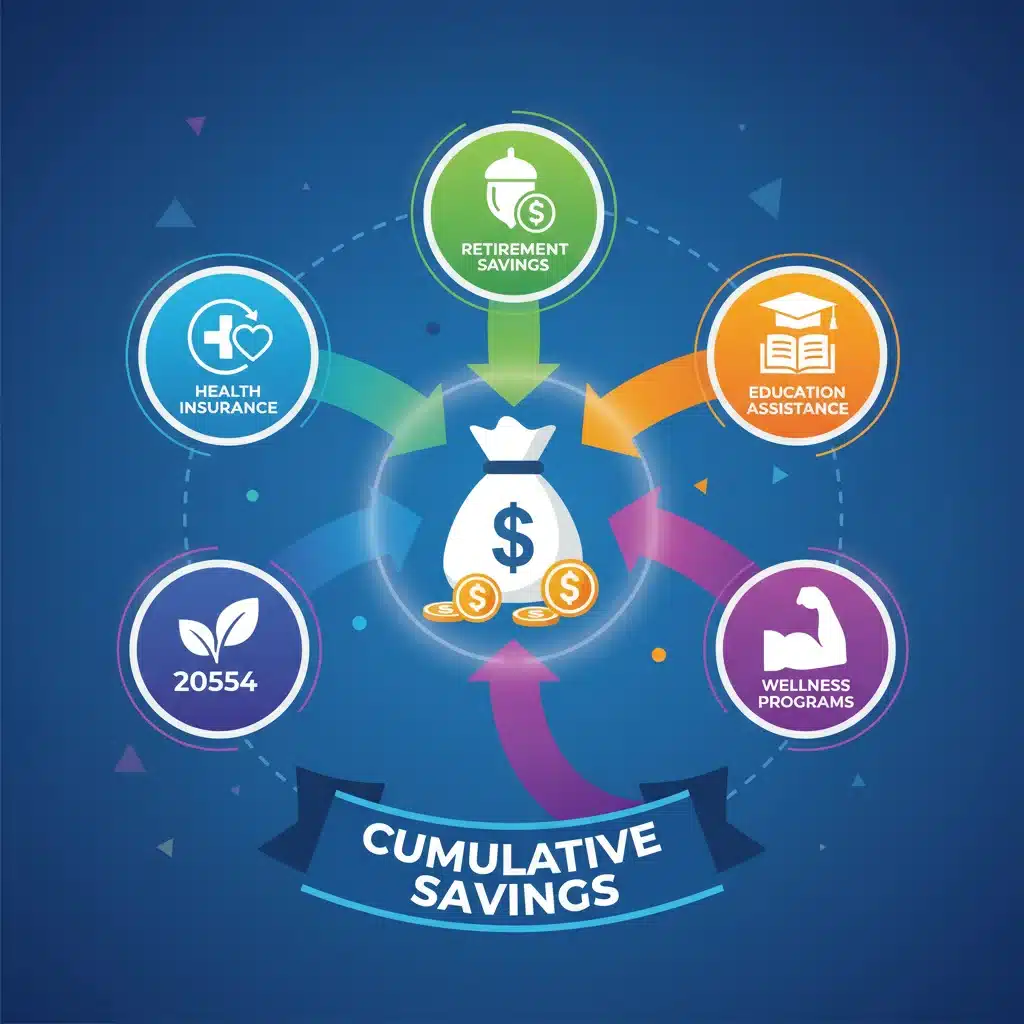 Infographic showing various employee benefits leading to significant financial savings.