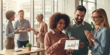 Employees smiling and discussing financial benefits in a modern office, representing smart utilization of workplace perks.