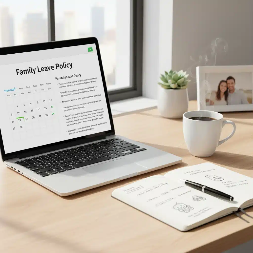 Laptop showing family leave policy document and calendar for planning
