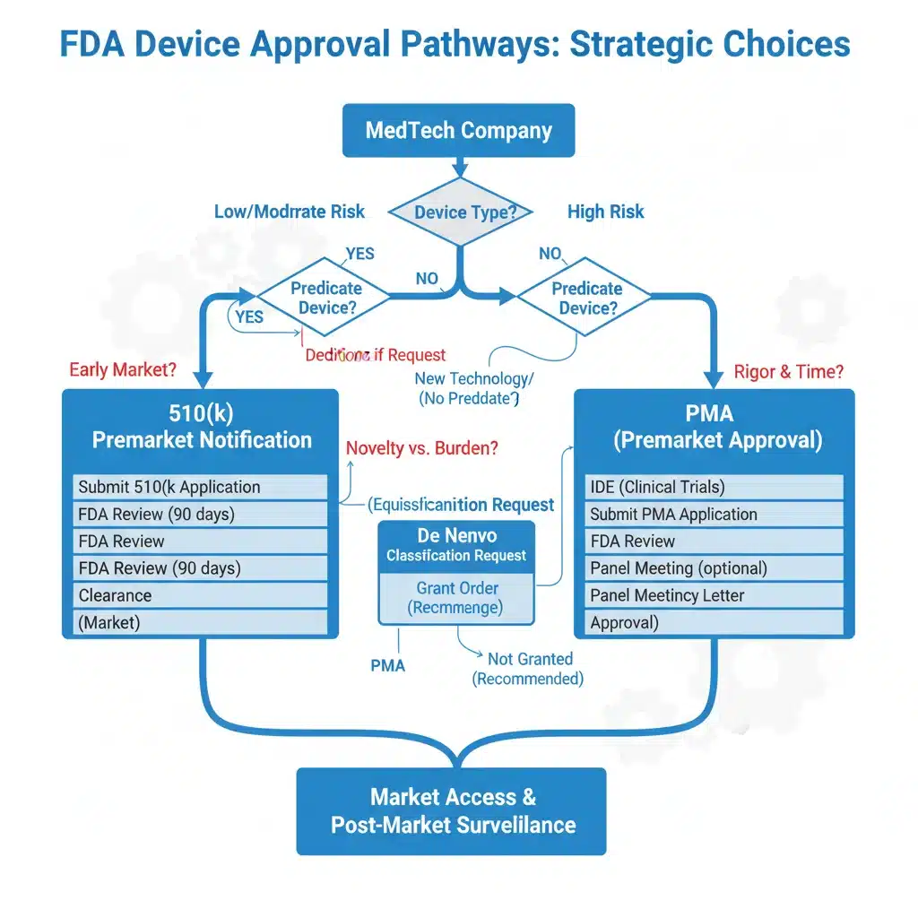 FDA device approval pathways flowchart for MedTech startups.