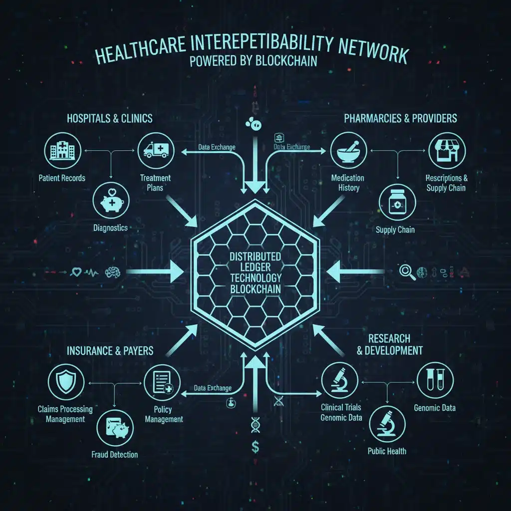Interconnected healthcare ecosystem with various stakeholders linked by blockchain technology.