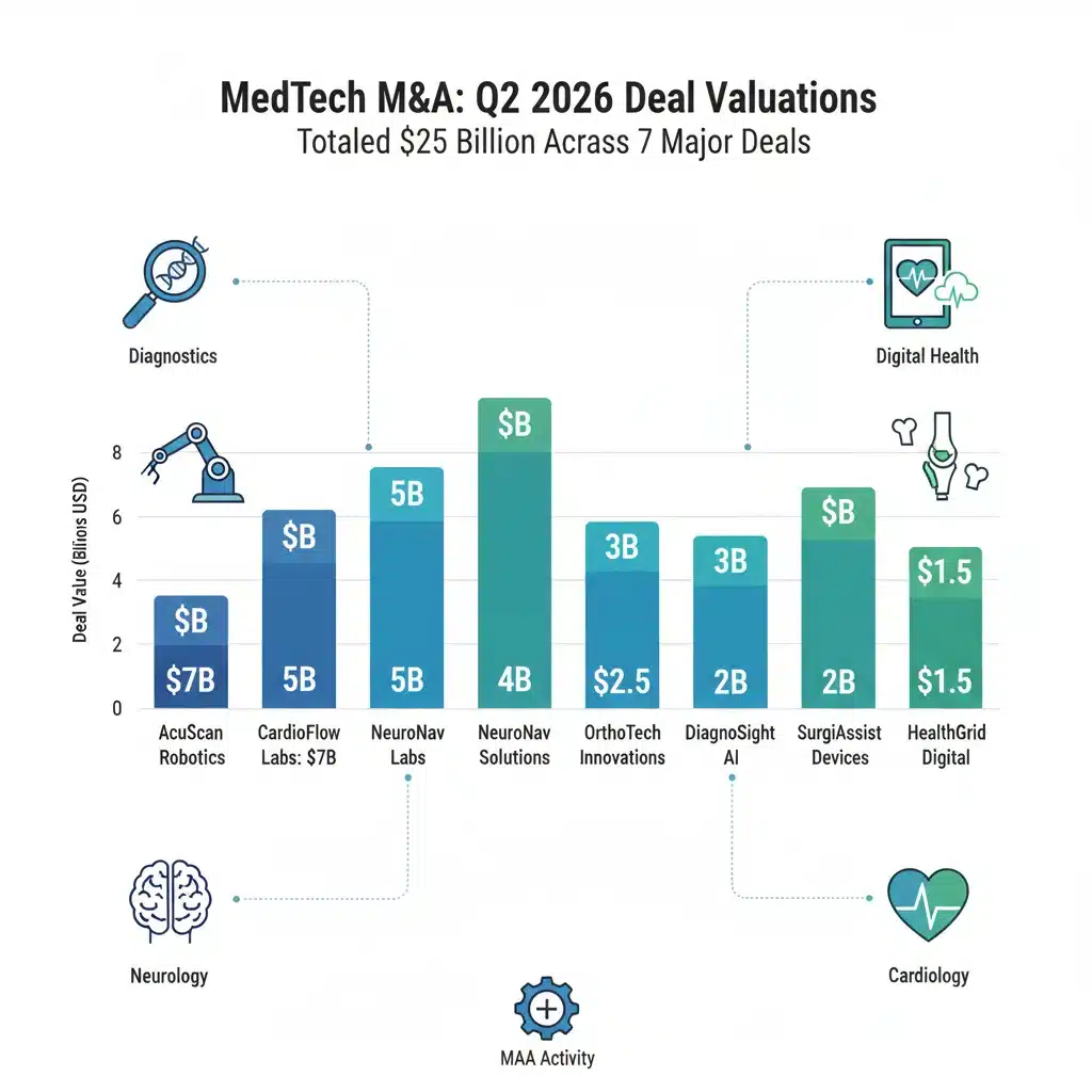 Infographic of MedTech M&A deal values Q2 2026, financial impact