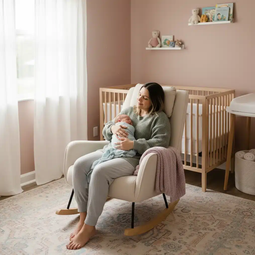 Parent rocking baby in a peaceful nursery during family leave