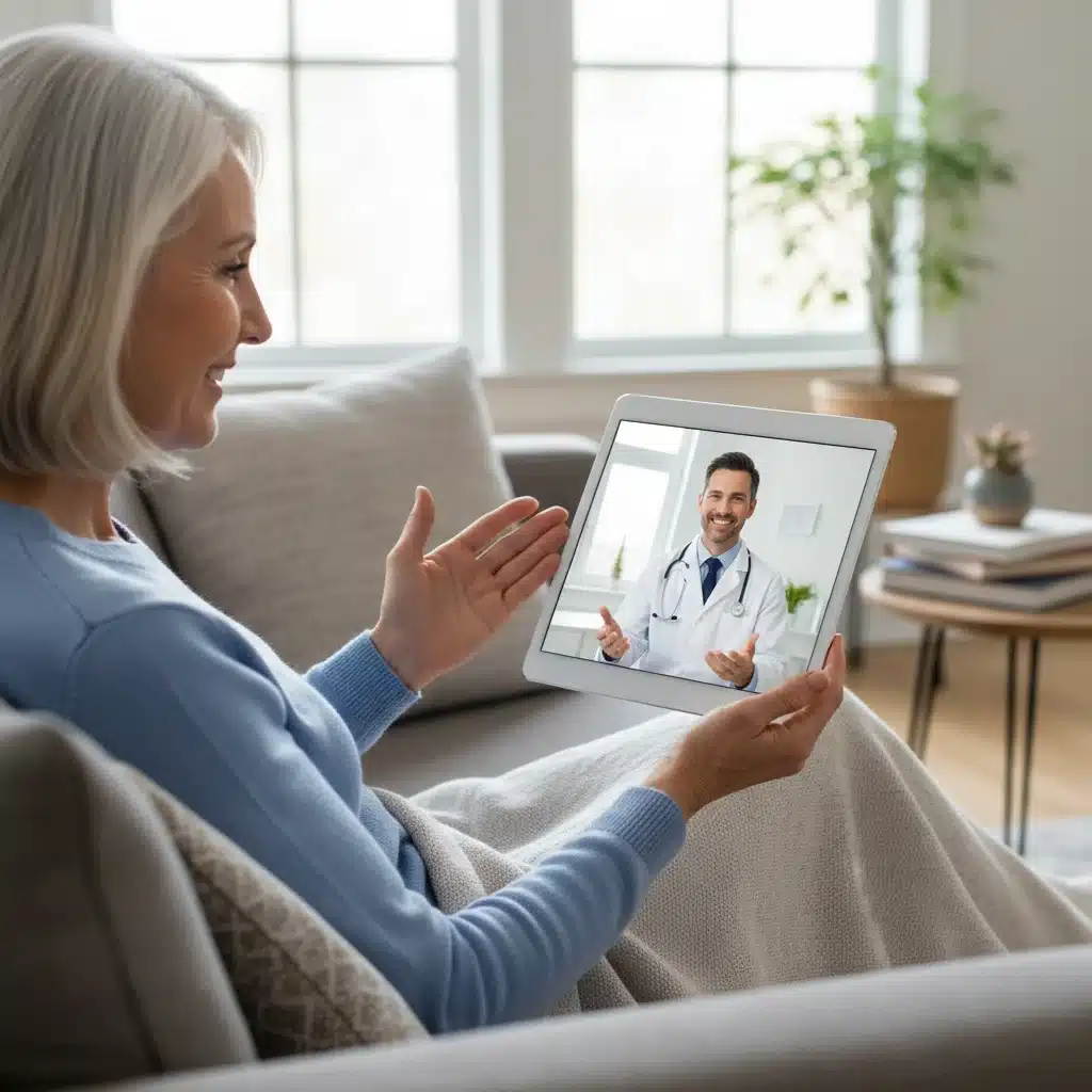 Patient consulting with a doctor remotely via a tablet in a home environment.