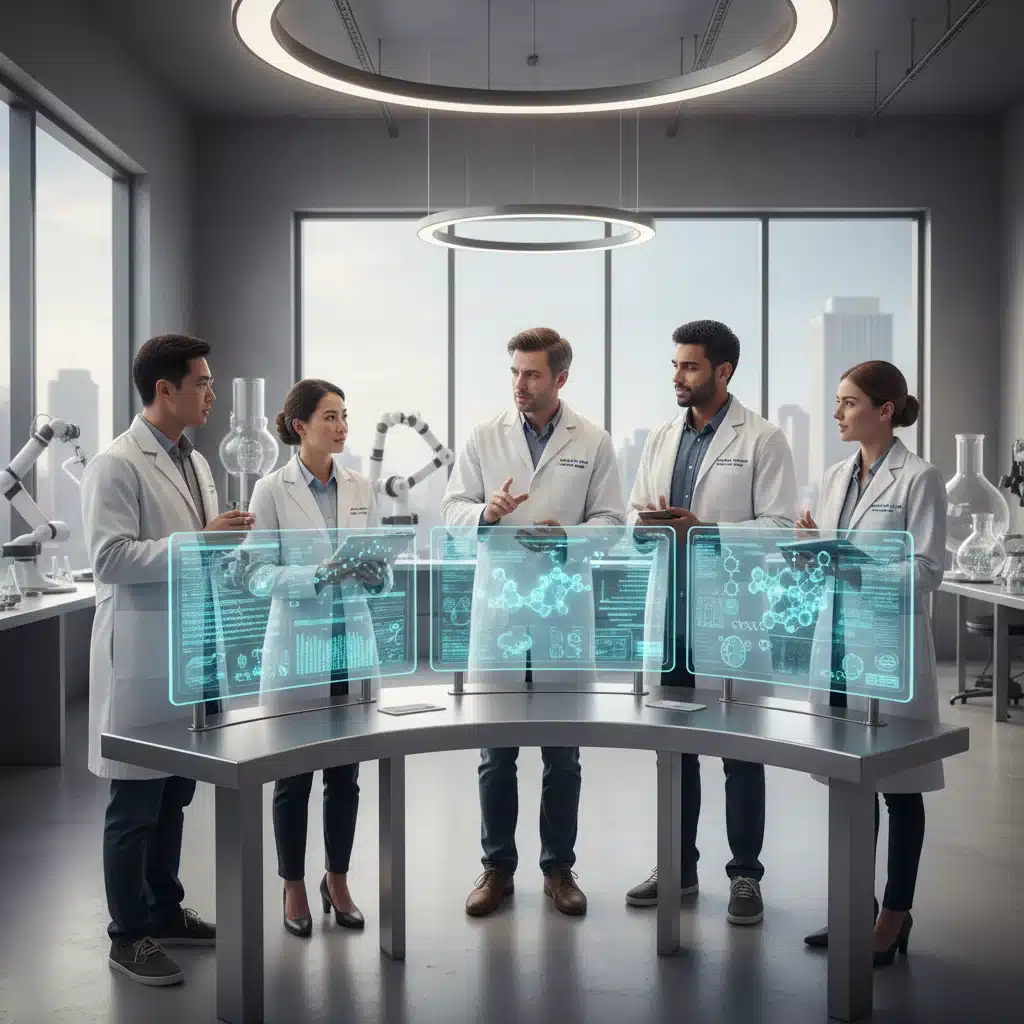 Diverse research team collaborating in a modern laboratory, analyzing gene therapy clinical trial data.