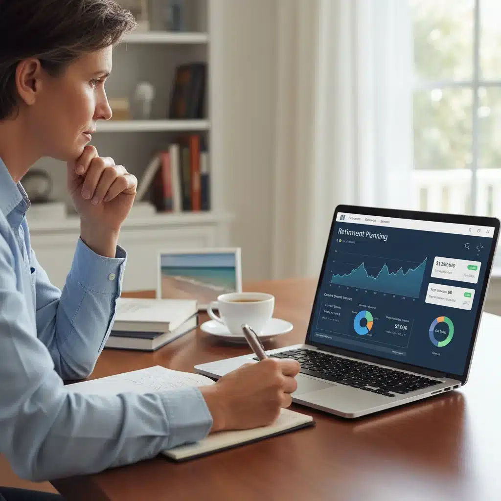 Person analyzing retirement planning dashboard on laptop, making financial decisions