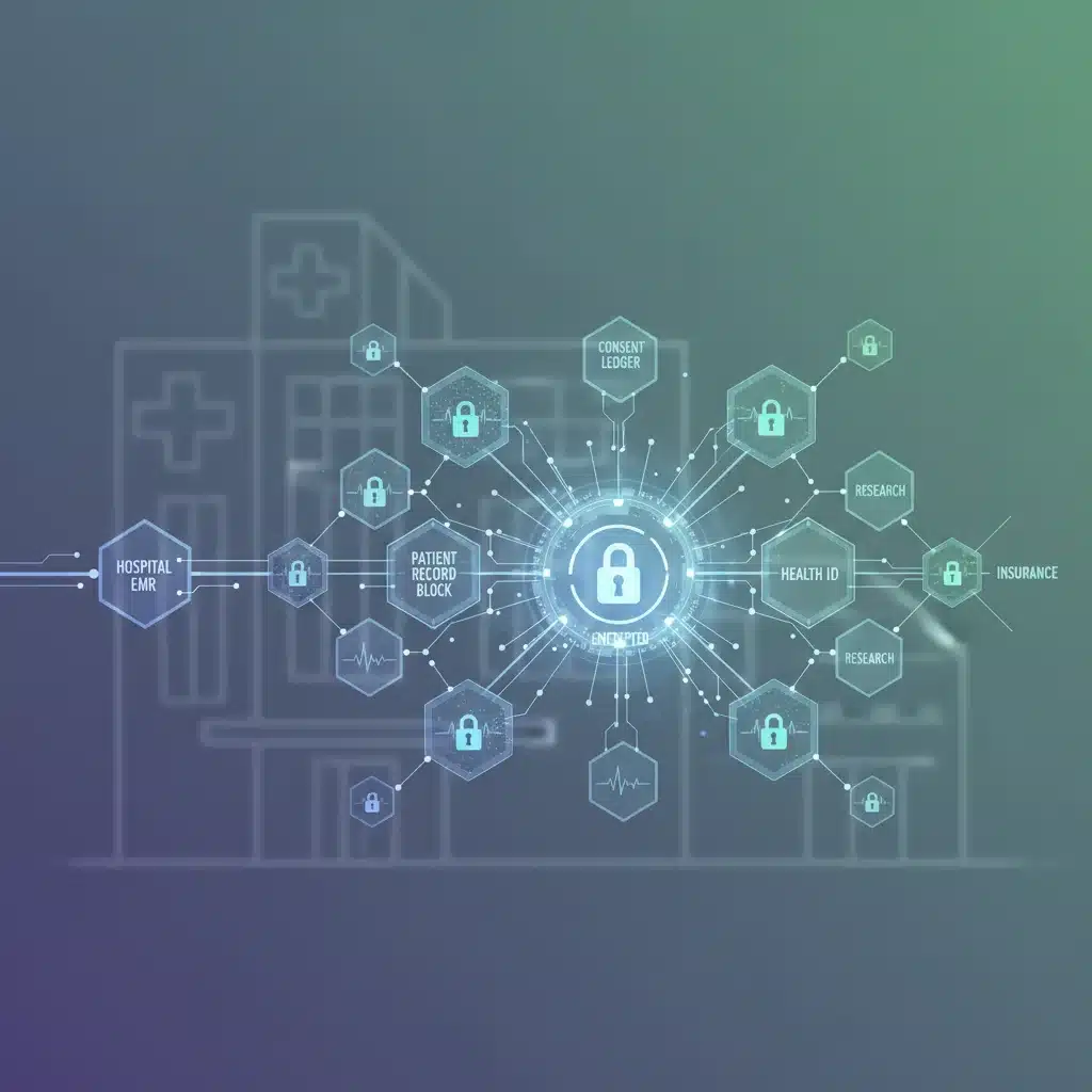 Secure patient data flow across a blockchain network in a healthcare setting.
