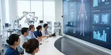 Healthcare professionals learning about telemedicine on a large screen with digital health interfaces.