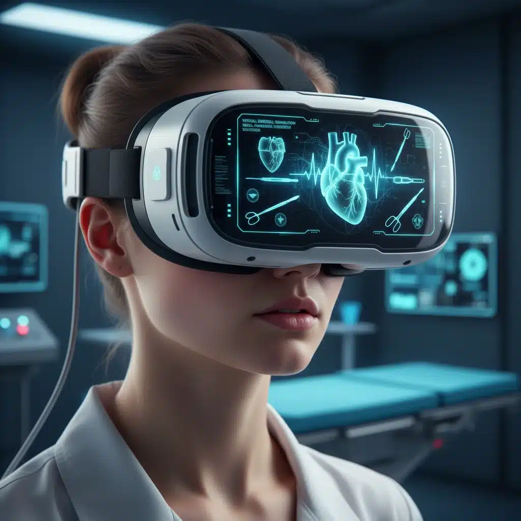 Medical student using a virtual reality headset for simulated surgical training.
