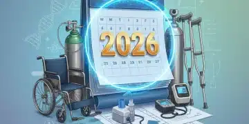 Calendar with 2026 highlighted, surrounded by DME like a wheelchair and oxygen tank, representing future Medicare Part B policy changes.
