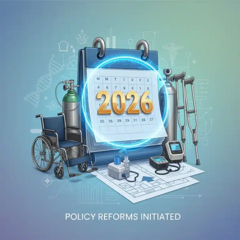 Calendar with 2026 highlighted, surrounded by DME like a wheelchair and oxygen tank, representing future Medicare Part B policy changes.