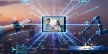 Illustration of 5G technology connecting diverse digital health devices for enhanced remote care.