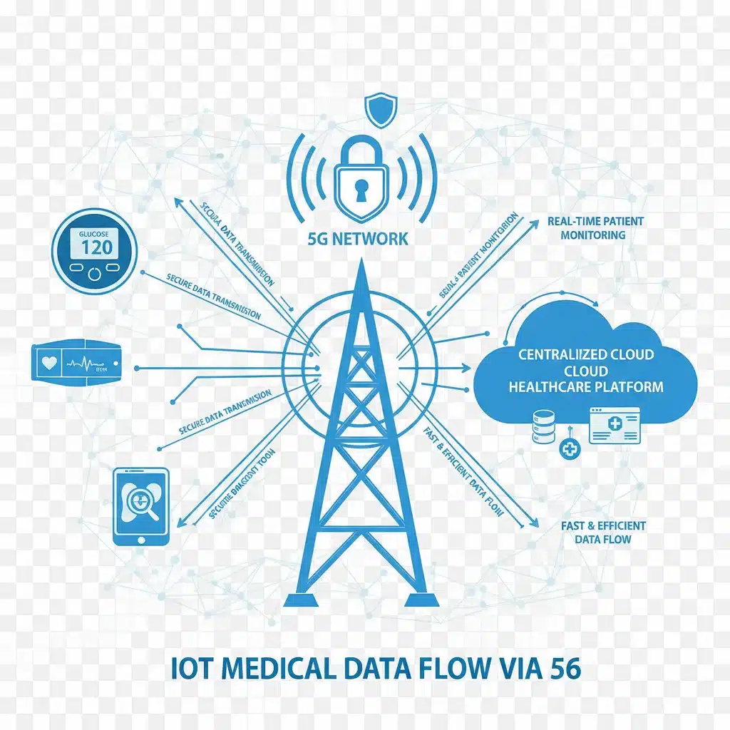 Diagram showing 5G enabled data flow from IoT medical devices to a cloud healthcare platform.